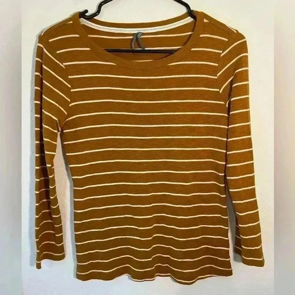 Anthropologie Mustard Yellow and White Horizontal Stripes Quarter Sleeve T Sz XS - Picture 1 of 7